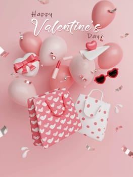 Greeting card for online shopping with 3d shopping bags and balloon for valentine's day, new year, and other holidays on pink background. sale discount present. 3D rendering illustration.