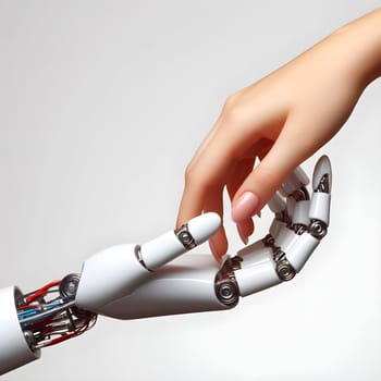 Caucasian woman touching robot arm.