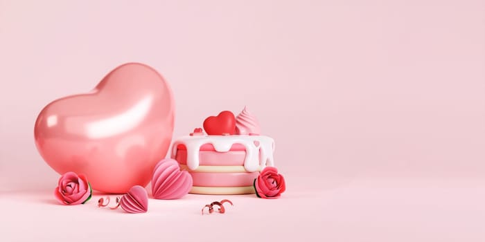 3d banner template designed with cake, heart shape balloons. Minimal pink background suitable for Mother's Day and Valentine's Day. 3d rendered illustration.