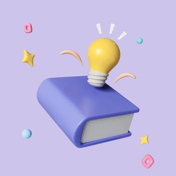 Yellow light bulb floating above of books isolated on background, icon symbol clipping path. education, intelligence or idea concept. 3d render illustration.
