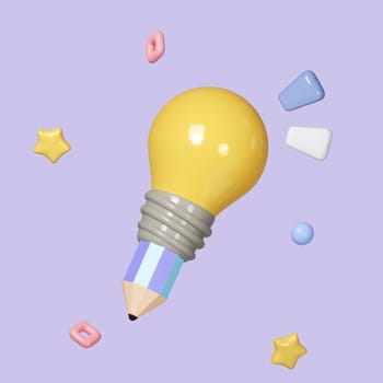 Pencil with yellow light bulb isolated on background. idea tip education, knowledge creates ideas concept, minimal abstract, 3d illustration or 3d render.