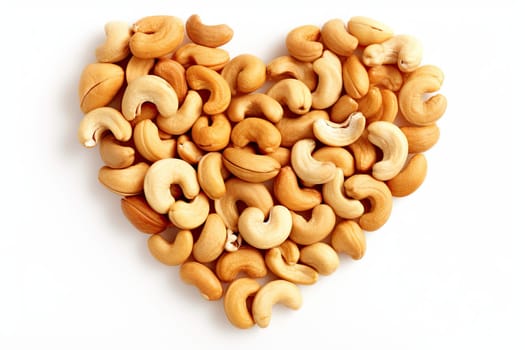 Cashew nuts in heart shape isolated on white background.