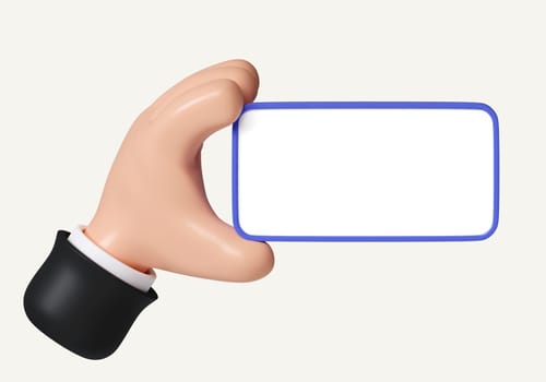 3D Hand holding mobile phone with empty screen. Cartoon smartphone isolated on white background. Phone device Mockup. 3d rendering illustration. Clipping path of each element included..