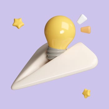 3d cartoon style minimal yellow light bulb on paper plane icon isolated on pastel background. icon symbol clipping path. education. 3d render illustration.