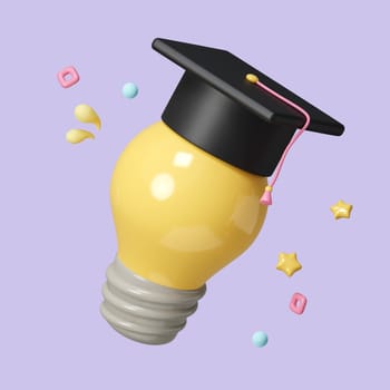 3d render graduation hat on light bulb. learning school and knowledge. graduation of university concept. icon symbol clipping path. 3d render illustration.