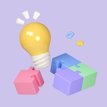 Colored puzzle jigsaw cube model with light bulb on pastel background. Teamwork, Business group symbol concept. icon isolated on pastel background. icon symbol clipping path. 3d render illustration.