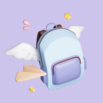 bag backpack school education with fly wing. icon symbol clipping path. education. 3d render illustration.
