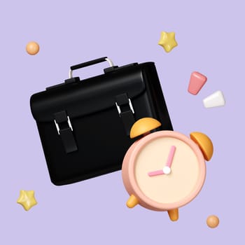 School bag and alarm clock on isolated. Back to school. education training learning concept. element icon. 3d rendering illustration.