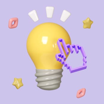 8 bit Hand holding Light Bulb. Employee with genius business idea. Plan strategy and solution concept. Success in work. Cartoon creative design icon isolated on background. icon symbol clipping path. 3d render illustration.