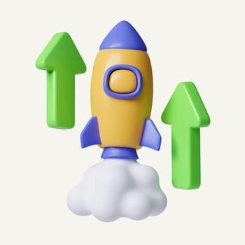 Rocket rising to the sky, growing arrows. Development and business idea. icon isolated on white background. 3d rendering illustration. Clipping path of each element included..