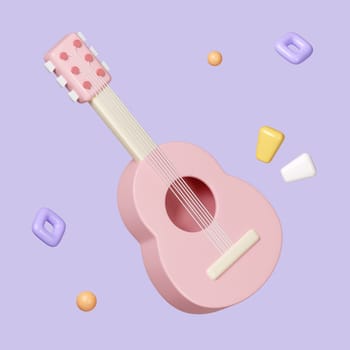 3D Render Illustration of cartoon guitar acoustic musical instrument minimal icon isolated on pastel background. icon symbol clipping path. 3d render illustration.