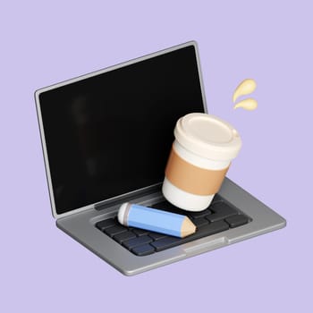 3D Computer laptop with pencil and coffee cup. Cartoon design illustration isolated on pastel background. icon symbol clipping path. education. 3d render illustration.
