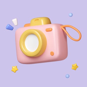Pink toy camera on minimal pastel background isolated on pastel background. icon symbol clipping path. 3d render illustration.