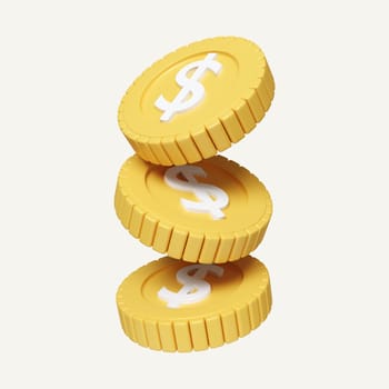 Money dollar stacks and Floating, coins Business investment, growth calculate Finance saving concept. icon isolated on white background. 3d rendering illustration. Clipping path..