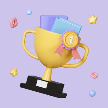 3D School achievement with prize winner and golden cup and book isolated on pastel background. icon symbol clipping path. education. 3d render illustration.