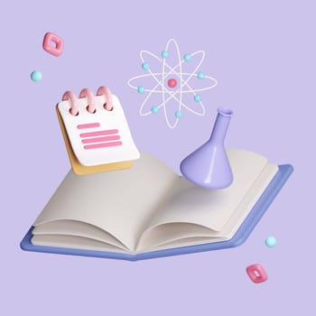 3d flask, checklist and book open isolated on pastel background. Scientific technology. laboratory, biotechnology, chemistry, science concepts. icon symbol clipping path. 3d render illustration.