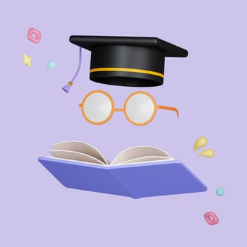 Minimal background for online education concept. Book and glasses with graduation hat on blue background. 3d rendering illustration. Clipping path of each element included.
