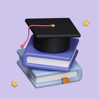 Graduation cap on books stack. Education concept. Back to school. University knowledge. Degree ceremony. Online class. E-learning. Cartoon creative design icon isolated on pastel background. 3d render illustration.