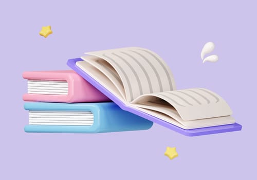 Open book on books stack isolated on pastel background. icon symbol clipping path. education. 3d render illustration.