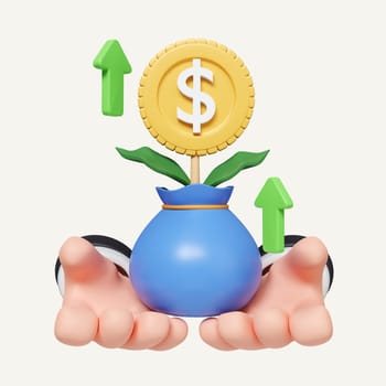 Green up arrow and coin on white background. Financial success and growth concept. icon isolated on white background. 3d rendering illustration. Clipping path..