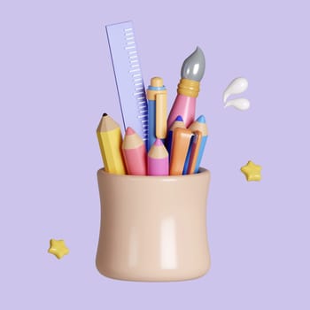 Cartoon cute 3D cup with education office supplies, ruler, pen, pencil isolated on background. icon symbol clipping path. 3d render illustration.