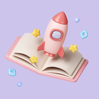3D Rocket launch on top of a book background, Spaceship icon, education, and back to school concept. isolated on pastel background. icon symbol clipping path. 3d render illustration.