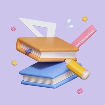 3D education with book and set of ruler isolated on pastel background. icon symbol clipping path. 3d render illustration.