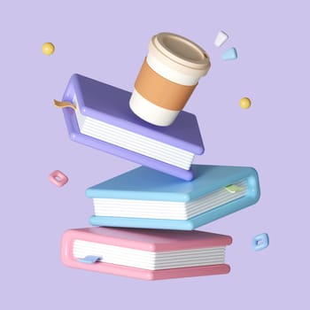 Cup of coffee on books stack isolated on pastel background. icon symbol clipping path. education. 3d render illustration.