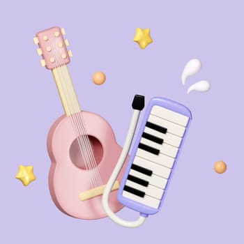 Music Instrument, Cute melodica and guitar isolated on background icon symbol clipping path. 3d render illustration.