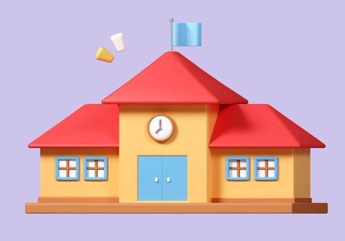 3D cartoon school building isolated. minimal icon. Educational institution front view icon symbol clipping path. education. 3d render illustration.