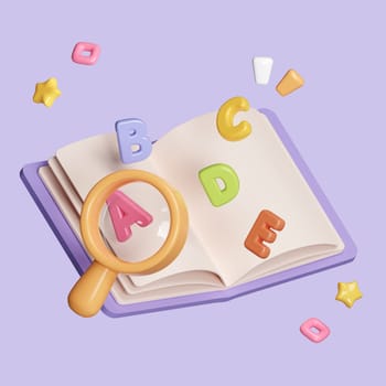 Magnifying glass with open book with alphabet isolated on pastel background. icon symbol clipping path. education. 3d render illustration.