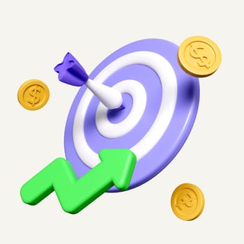 Dart arrow with Green arrow pointing up. Business finance target, goal of success, target achievement concept. icon isolated on white background. 3d rendering illustration. Clipping path.