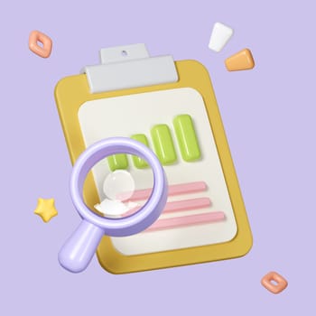 3d Paper document icon with magnifying glass isolated on pastel background. text document, Business and finance data analysis concept. icon symbol clipping path. 3d render illustration.