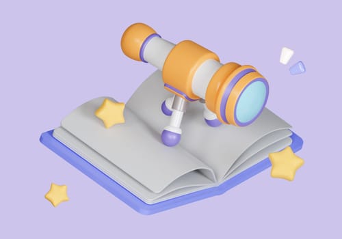 telescope astronomy physics class symbol with notebook isolated on pastel background. icon symbol clipping path. education. 3d render illustration.