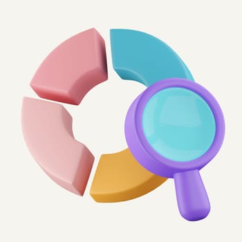 3D Pie chart magnify glass. business financial growth information searching method. icon isolated on white background. 3d rendering illustration. Clipping path.
