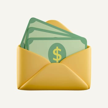 3D Open Envelope with Money inside. Letter with green paper dollar. Cash savings concept. Sending money by mail. icon isolated on white background. 3d rendering illustration. Clipping path.