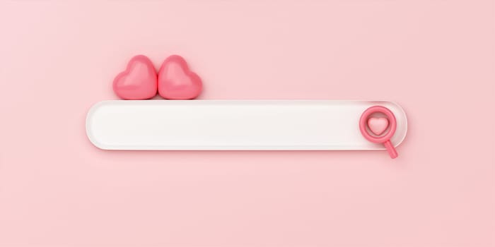 Minimal abstract background for online love and wedding concept. Blank web search bar and pink heart on pink background. 3d rendering illustration.