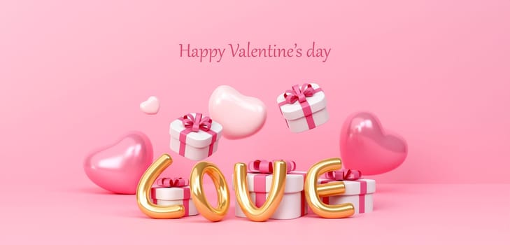 Valentine's day design. Pink gifts boxes and heart balloon shape of decorative festive object. Holiday banner, web poster, flyer, stylish brochure, greeting card, cover. Romantic background. 3D rendering illustration.