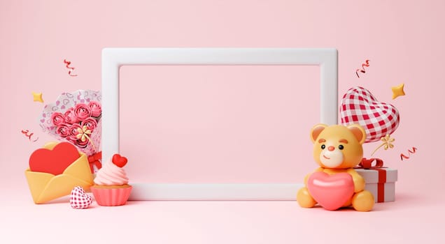 Mock up poster frame in children room with gift box and pink heart, kids room, Valentine's day. blank board for copy space. 3D rendering illustration.