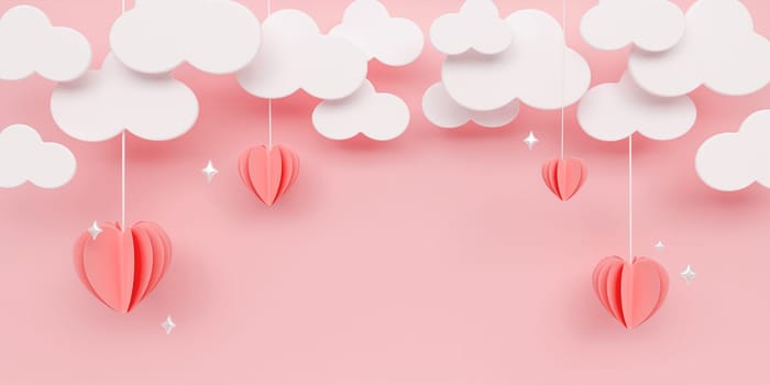 Poster or banner with pink pastel sky and paper cut clouds. Copy space for text. Happy Valentine's day sale header or voucher template with hanging hearts. 3D render illustration.