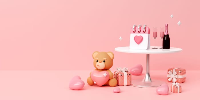 Happy valentine teddy bear holding pink hearts, anniversary, romantic gift, 3d render Illustration.