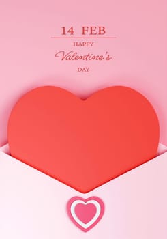 Happy Valentine's Day poster. Holiday background with red heart and pink envelope. 3D rendering illustration.
