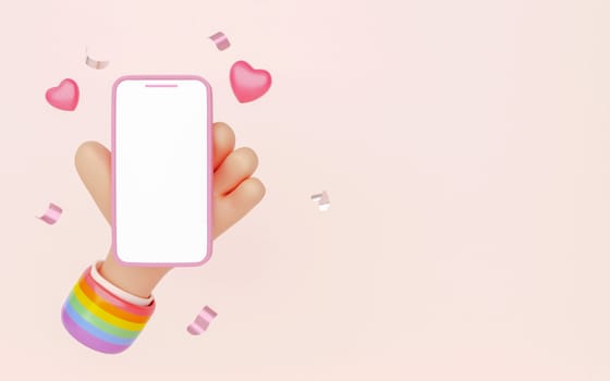 3D Hand holding mobile phone with empty screen. Cartoon smartphone on pink background with copy space. Phone device Mockup. Marketing time banner template. 3D Rendering Illustration. LGBT Pride Month.