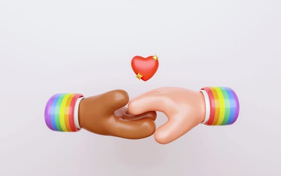 3d Render Illustration of Cartoon black and white Hands with Heart on white Background, LGBT Pride Month.