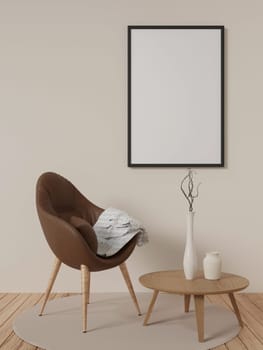 Frame mockup in contemporary minimalist beige room interior. 3d render illustration.