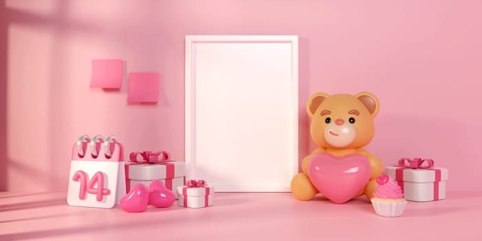 Mock up poster frame in children room with gift box and pink heart, kids room, Valentine's day. blank board for copy space. 3D rendering illustration.