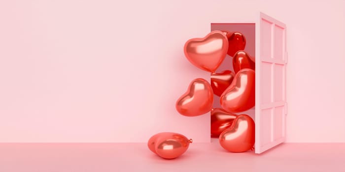 Pink room with open door and red heart shaped balloons entering. concept of valentines arrival, gifts, love, marriage and romantic. 3d rendering illustration.