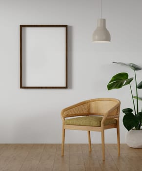 Modern minimalist interior with an armchair on empty white wall background and Blank picture frame mockup on white wall. 3d rendering illustration.