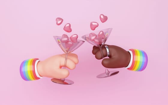 3d Render Illustration of Cartoon black and white Hands holding glass cheers with Heart on pink Background, LGBT Pride Month.