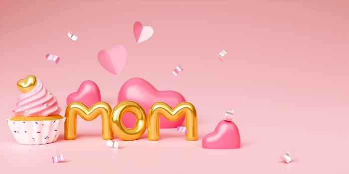 3d minimal pink banner background, suitable for Mother's Day. Mom balloon words with cup cake and heart balloon shape. 3D rendering illustration.